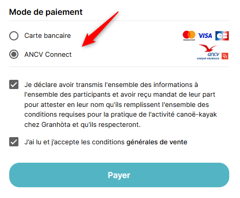 Option ANCV Connect sélectionnée dans les modes de paiement